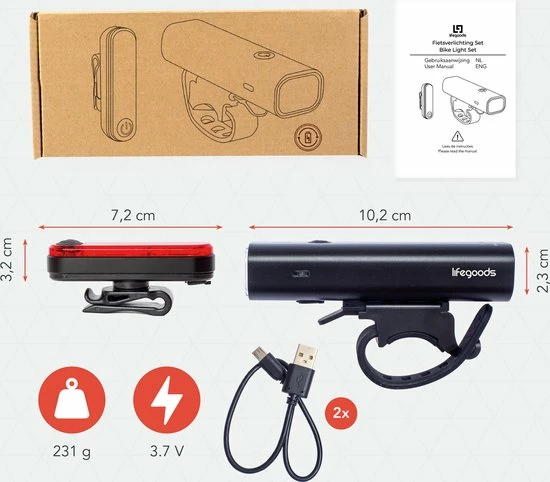 LifeGoods LED Fietsverlichting Set - Voorlicht En Achterlicht - USB Oplaadbaar - Zwart 8 LifeGoods LED Fietsverlichting Set - Voorlicht En Achterlicht - USB Oplaadbaar - Zwart - Afbeelding 8