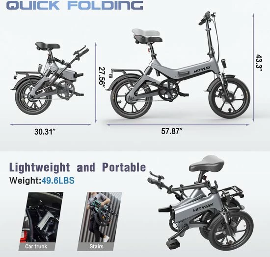 Merkloos Hitway 14F005 Elektrische Fiets Opvouwbaar | 250W Motor | 7.5Ah | 16" | Grijs / Zwart 8 Merkloos Hitway 14F005 Elektrische Fiets Opvouwbaar | 250W Motor | 7.5Ah | 16" | Grijs / Zwart - Afbeelding 8