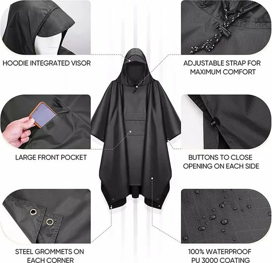 BOTC Poncho - Regenponcho - Fietsponcho Fiets - Unisex - Dames & Heren - Waterdicht 3 BOTC Poncho - Regenponcho - Fietsponcho Fiets - Unisex - Dames & Heren - Waterdicht - Afbeelding 3