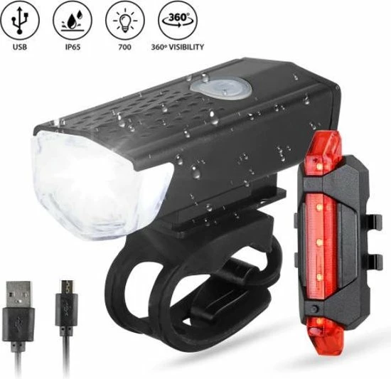 WSI Waterdichte Oplaadbare Fietslamp Voor En Achter - 300 Lumen - Superfelle Fietsverlichting Met USB-kabel - Combi Deal 1 WSI Waterdichte Oplaadbare Fietslamp Voor En Achter - 300 Lumen - Superfelle Fietsverlichting Met USB-kabel - Combi Deal