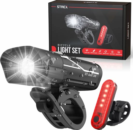 Strex LED Fietsverlichting Set - Voorlicht En Achterlicht - USB Oplaadbaar - Fietslamp - Fietslampjes - Zwart 1 Strex LED Fietsverlichting Set - Voorlicht En Achterlicht - USB Oplaadbaar - Fietslamp - Fietslampjes - Zwart