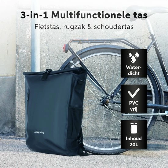 Living Nine Fietstas - Enkele - 20L - Waterdicht - Ook Voor Elektrische Fietsen - Dragen Als Handtas En Schoudertas - Zwart 8 Living Nine Fietstas - Enkele - 20L - Waterdicht - Ook Voor Elektrische Fietsen - Dragen Als Handtas En Schoudertas - Zwart - Afbeelding 8