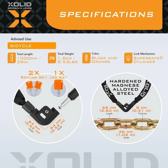 Xolid Kettingslot Met 3x Sleutel Incl. 1x LED - Solid Pantserslot Uit Gehard Staal - Gebruik Slot Lock Motor Scooter Fiets Motorslot Scooterslot - Alternatief Voor Ketting Ringslot Cijferslot Kabelslot Beugelslot - Lengte 100CM Dikte 8MM - Zwart 3 Xolid Kettingslot Met 3x Sleutel Incl. 1x LED - Solid Pantserslot Uit Gehard Staal - Gebruik Slot Lock Motor Scooter Fiets Motorslot Scooterslot - Alternatief Voor Ketting Ringslot Cijferslot Kabelslot Beugelslot - Lengte 100CM Dikte 8MM - Zwart - Afbeelding 3