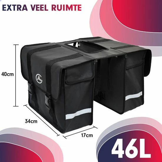 AG Fietstas 46 Liter - Dubbele Fietstas - Extra Veel Ruimte - Waterafstotend - Reflectoren Fietstassen - Electrische Fietsen - Zwart - Dubbel 10 AG Fietstas 46 Liter - Dubbele Fietstas - Extra Veel Ruimte - Waterafstotend - Reflectoren Fietstassen - Electrische Fietsen - Zwart - Dubbel - Afbeelding 10