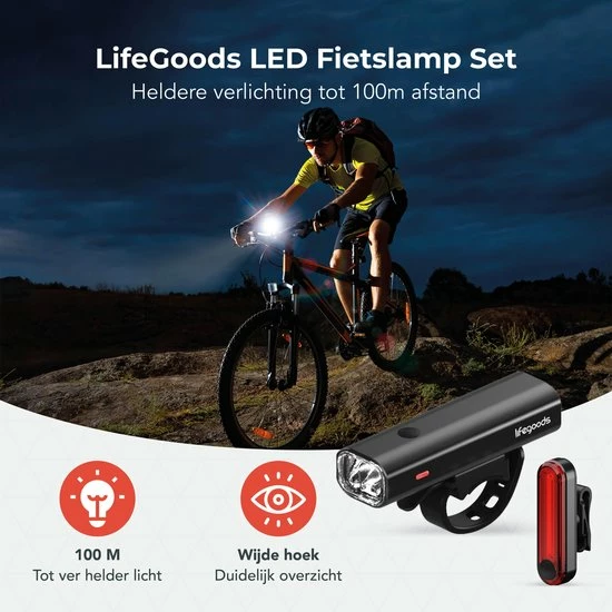 LifeGoods LED Fietsverlichting Set - Voorlicht En Achterlicht - USB Oplaadbaar - Zwart 2 LifeGoods LED Fietsverlichting Set - Voorlicht En Achterlicht - USB Oplaadbaar - Zwart - Afbeelding 2