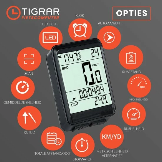 Tigrar Kilometerteller Fiets - Fietscomputer Draadloos - KM Teller Fiets - Waterdicht Met 17 Functies Snelheidsmeter 3 Tigrar Kilometerteller Fiets - Fietscomputer Draadloos - KM Teller Fiets - Waterdicht Met 17 Functies Snelheidsmeter - Afbeelding 3