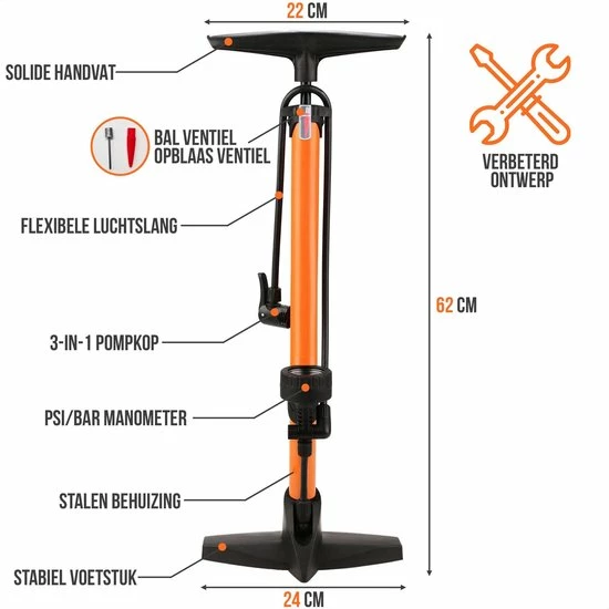 Strex Fietspomp - Drukmeter - 11 Bar Bal Pomp - Oranje 8 Strex Fietspomp - Drukmeter - 11 Bar Bal Pomp - Oranje - Afbeelding 8