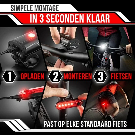 Strex LED Fietsverlichting Set - Voorlicht En Achterlicht - USB Oplaadbaar - Fietslamp - Fietslampjes - Zwart 7 Strex LED Fietsverlichting Set - Voorlicht En Achterlicht - USB Oplaadbaar - Fietslamp - Fietslampjes - Zwart - Afbeelding 7
