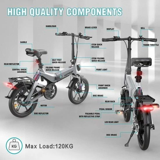 Merkloos Hitway 14F005 Elektrische Fiets Opvouwbaar | 250W Motor | 7.5Ah | 16" | Grijs / Zwart 11 Merkloos Hitway 14F005 Elektrische Fiets Opvouwbaar | 250W Motor | 7.5Ah | 16" | Grijs / Zwart - Afbeelding 11