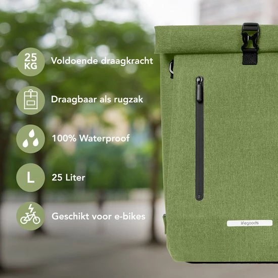 LifeGoods Fietstas - Enkel - 25L - Waterdicht - E-Bikes - Schouderbanden - Olijfgroen 2 LifeGoods Fietstas - Enkel - 25L - Waterdicht - E-Bikes - Schouderbanden - Olijfgroen - Afbeelding 2