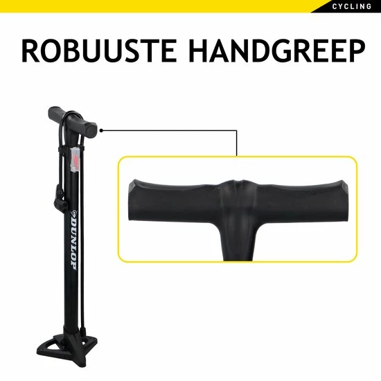 Dunlop Fietspomp - Presta/ Dunlop/ Schrader - Met 2 Adaptoren - Staande Pomp - 62,5 Cm Hoog 3 Dunlop Fietspomp - Presta/ Dunlop/ Schrader - Met 2 Adaptoren - Staande Pomp - 62,5 Cm Hoog - Afbeelding 3