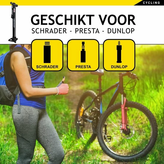 Dunlop Fietspomp - Presta/ Dunlop/ Schrader - Met 2 Adaptoren - Staande Pomp - 62,5 Cm Hoog 7 Dunlop Fietspomp - Presta/ Dunlop/ Schrader - Met 2 Adaptoren - Staande Pomp - 62,5 Cm Hoog - Afbeelding 7