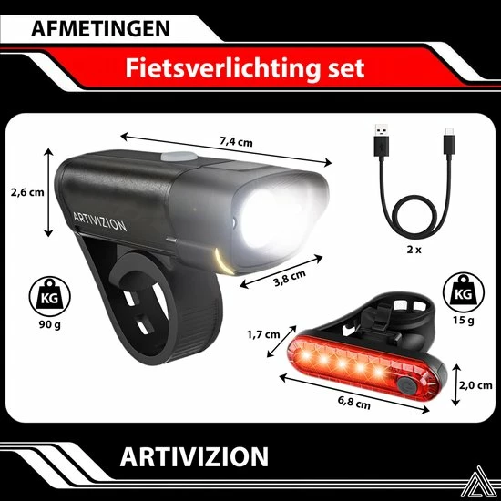 ARTIVIZION Led Fietsverlichting Set - Fietslamp - Voorlicht En Achterlicht - USB Oplaadbaar - Waterdicht Fietslicht - Fietslampjes - Zwart 6 ARTIVIZION Led Fietsverlichting Set - Fietslamp - Voorlicht En Achterlicht - USB Oplaadbaar - Waterdicht Fietslicht - Fietslampjes - Zwart - Afbeelding 6