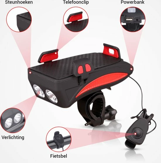 Mancor Universele Telefoonhouder Fiets Smartphonehouder - Met Verlichting, Fietsbel En Powerbank 2 Mancor Universele Telefoonhouder Fiets Smartphonehouder - Met Verlichting, Fietsbel En Powerbank - Afbeelding 2